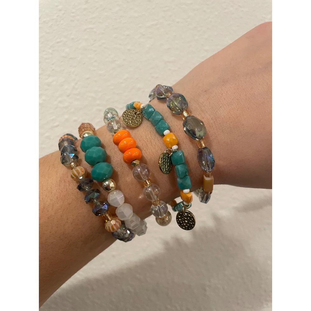 Erimish Beaded Bracelet Stack Turquoise Orange Boho Stretch 5 Piece‎ Set #7